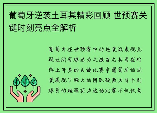 葡萄牙逆袭土耳其精彩回顾 世预赛关键时刻亮点全解析